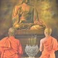 Figurative oil painting titled 'Monks and the Master', 36x48 inches, by artist Kamal Rao on Canvas