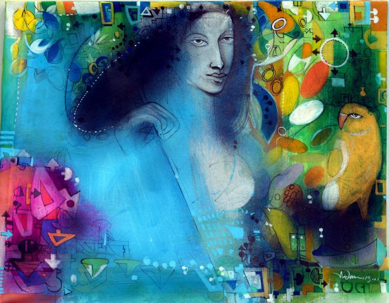 Figurative acrylic painting titled 'Monsoon 1', 28x38 inches, by artist Madan Lal on Canvas