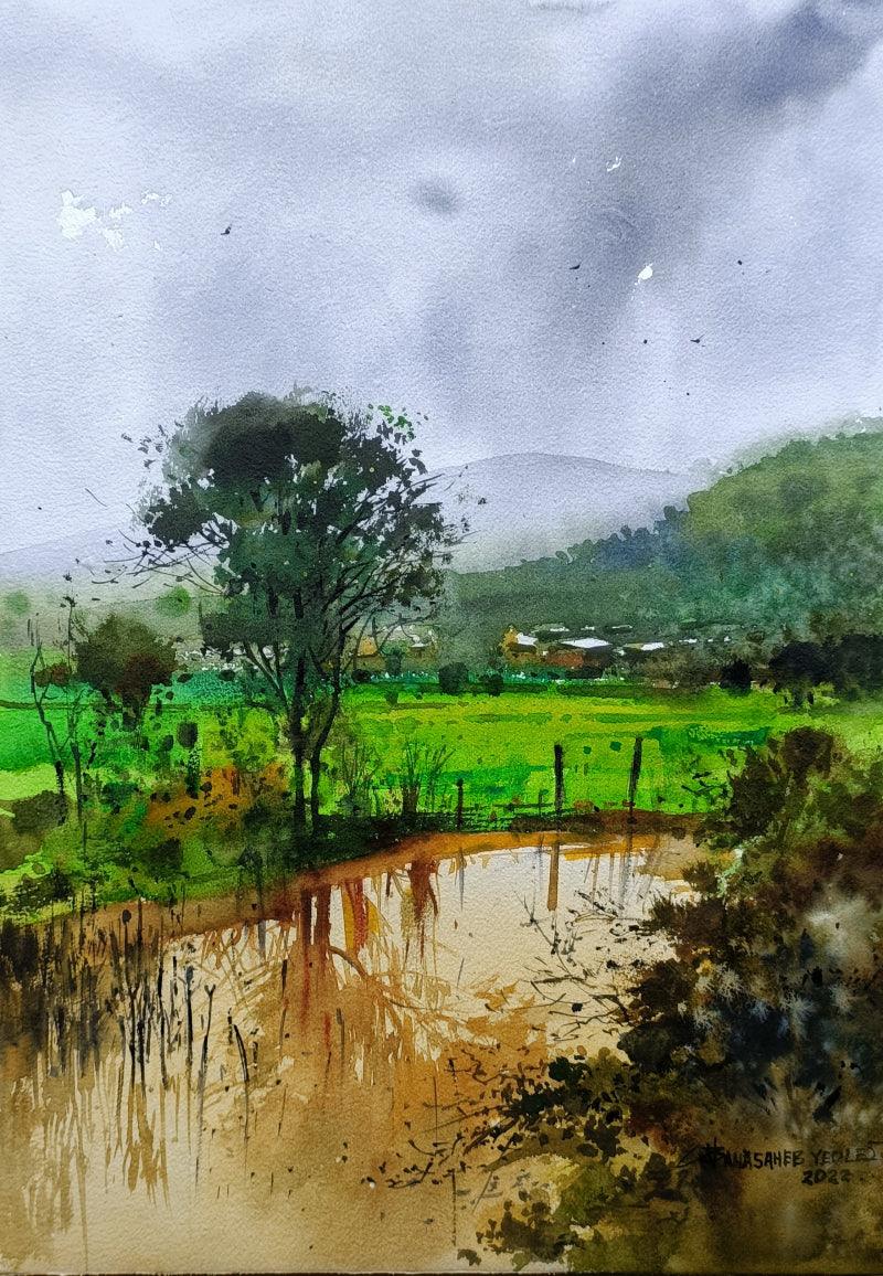 Nature watercolor painting titled 'Monsoon 1', 20x14 inches, by artist NanaSaheb Yeole on Paper