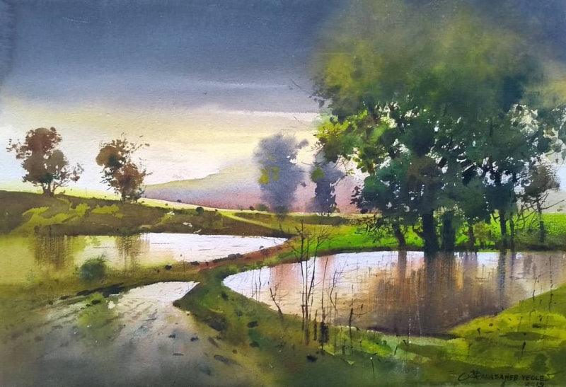 Nature watercolor painting titled 'Monsoon 3', 14x20 inches, by artist NanaSaheb Yeole on Paper