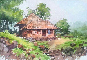 Monsoon (A Haven of Solitude) by Gaurishankar Behera, Original Watercolor Landscape Painting on Paper, Small Horizontal Wall Art