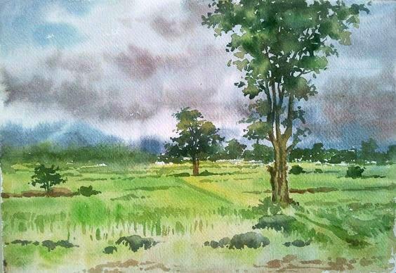 Landscape watercolor painting titled 'Monsoon', 11x15 inches, by artist Gaurishankar Behera on Paper
