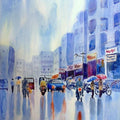 Cityscape watercolor painting titled 'Monsoon', 30x22 inches, by artist Rahul Salve on canvas
