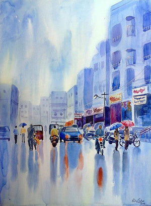 Cityscape watercolor painting titled 'Monsoon', 30x22 inches, by artist Rahul Salve on canvas