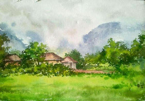 Monsoon (Hidden Haven) by Gaurishankar Behera, Original Watercolor Landscape Painting on Paper, Small Horizontal Wall Art