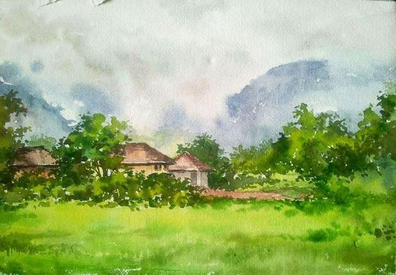 Landscape watercolor painting titled 'Monsoon', 11x15 inches, by artist Gaurishankar Behera on Paper