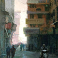 Cityscape acrylic painting titled 'Morning Glory', 48x24 inches, by artist Suresh Jangid on Stretch Canvas