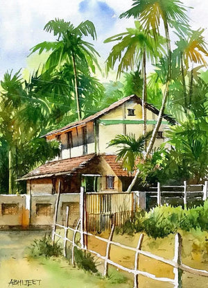 Landscape watercolor painting titled 'Morning Harmony', 14x10 inches, by artist Abhijeet Bahadure on Paper