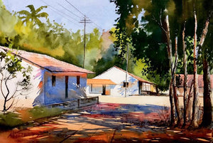 Landscape watercolor painting titled 'Morning Harmony', 14x20 inches, by artist Abhijeet Bahadure on Paper