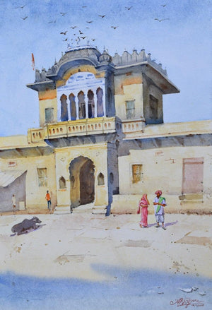 Cityscape watercolor painting titled 'Morning Light', 30x22 inches, by artist Ambadas Nagpure on Paper