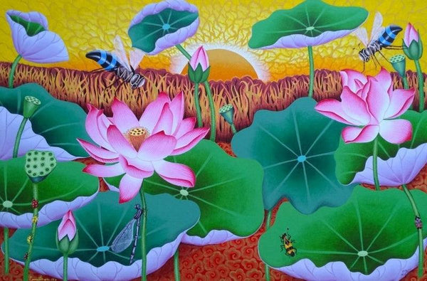 Morning Lotus Pond Painting by Ramu Das | ArtZolo.com