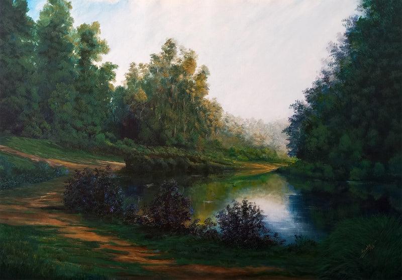 Nature acrylic painting titled 'Morning Mist', 30x48 inches, by artist Seby Augustine on Canvas