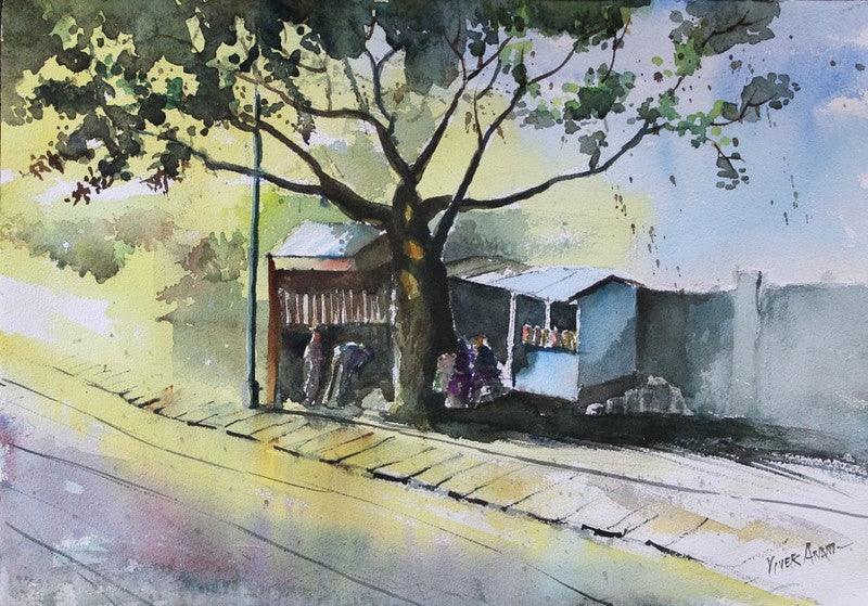 Landscape watercolor painting titled 'Morning Tea', 20x14 inches, by artist Vivekanand Viswam on Paper