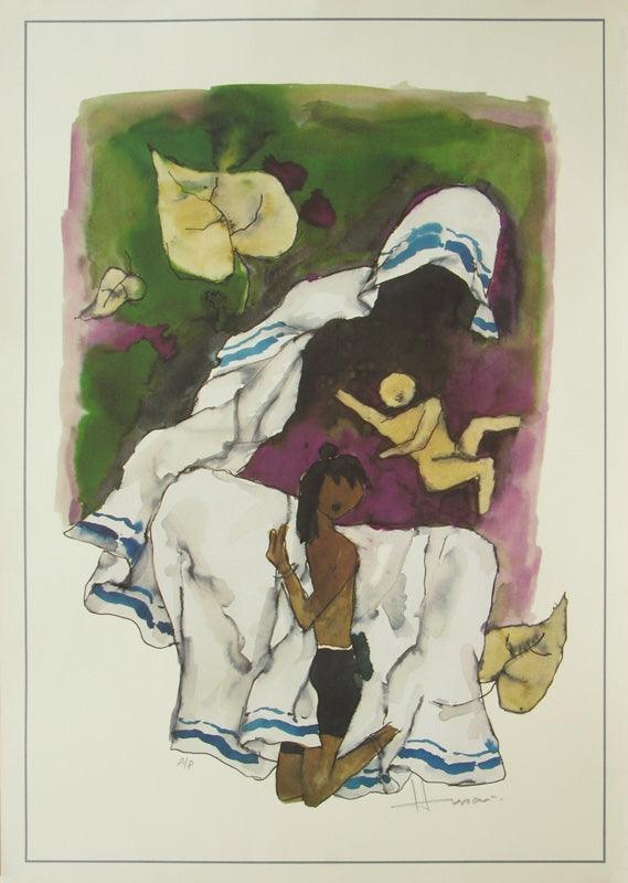 Figurative serigraphs painting titled 'Mother 2', 28x20 inches, by artist M. F. Husain on Paper