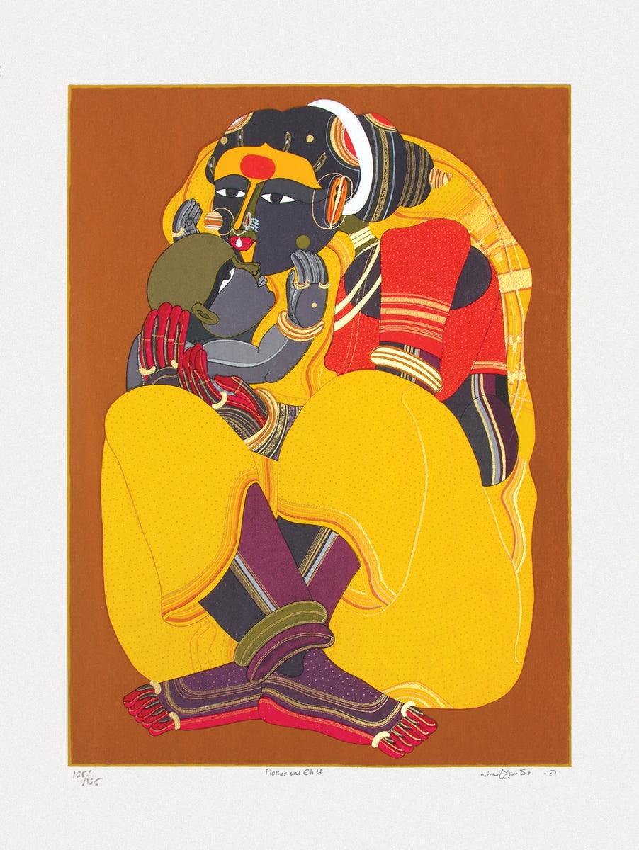 Figurative serigraphs painting titled 'Mother And Child 1', 40x30 inches, by artist Thota Vaikuntam on Paper