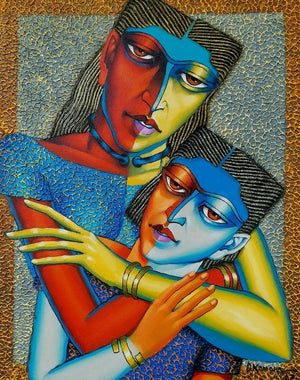 Figurative acrylic oil painting titled 'Mother And Child 2', 24x18 inches, by artist Dayanand Kamakar on Canvas