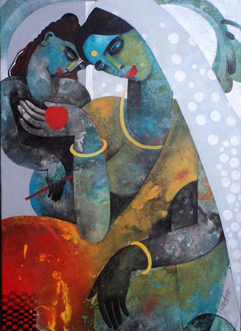 Figurative acrylic painting titled 'Mother And Child', 37x23 inches, by artist Appam Raghavendra on canvas