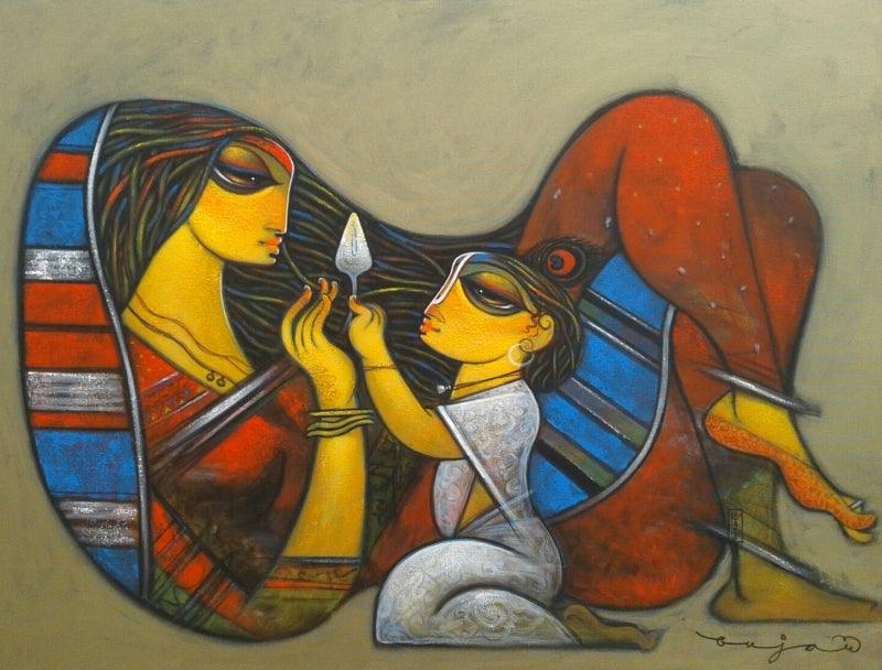 Figurative acrylic painting titled 'Mother And Child', 36x48 inches, by artist Ramesh Gujar on Canvas