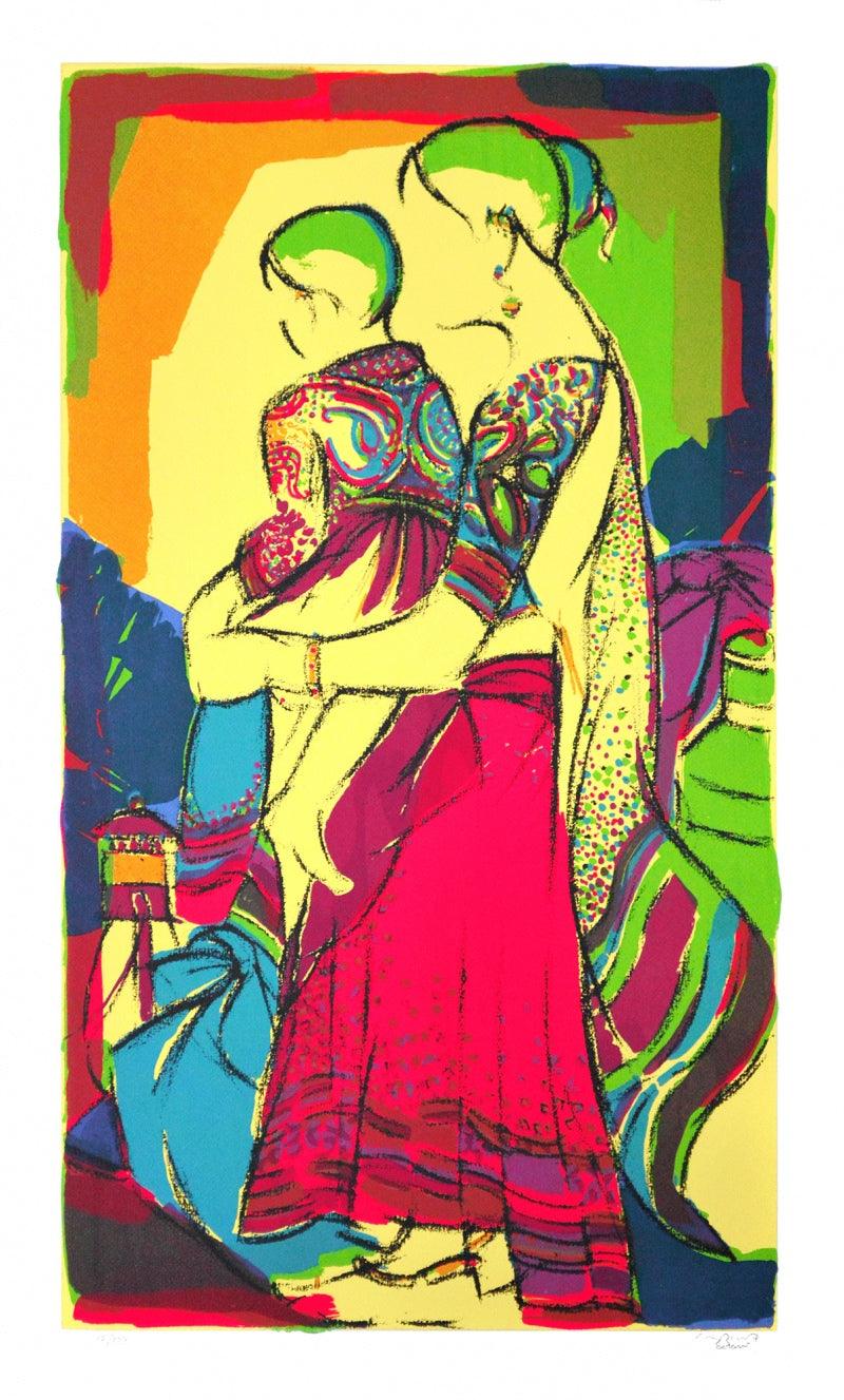 Figurative serigraphs painting titled 'Mother And Child', 40x24 inches, by artist Vrindavan Solanki on Paper