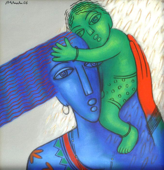 Figurative acrylic painting titled 'Mother And Child', 24x24 inches, by artist Rajesh Shah on Canvas