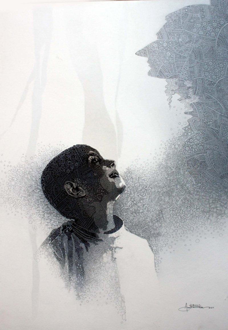 Figurative pen drawing titled 'Mother Child', 21x29 inches, by artist Amit Bhar on board