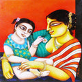 Figurative acrylic painting titled 'Mother and Child', 12x12 inches, by artist Gautam Mukherjee on Canvas