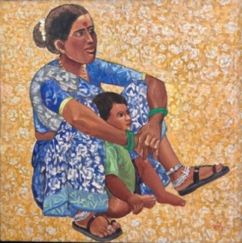 Figurative acrylic painting titled 'Mother and Child', 24x24 inches, by artist Laxman Aelay on Canvas