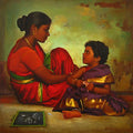 Figurative oil painting titled 'Mother and Daughter', 24x24 inches, by artist S  Elayaraja on Canvas