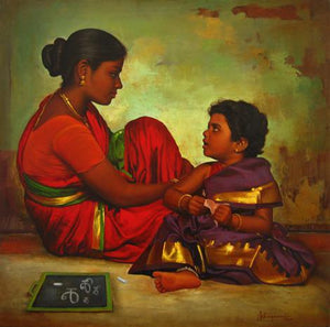 Figurative oil painting titled 'Mother and Daughter', 24x24 inches, by artist S  Elayaraja on Canvas
