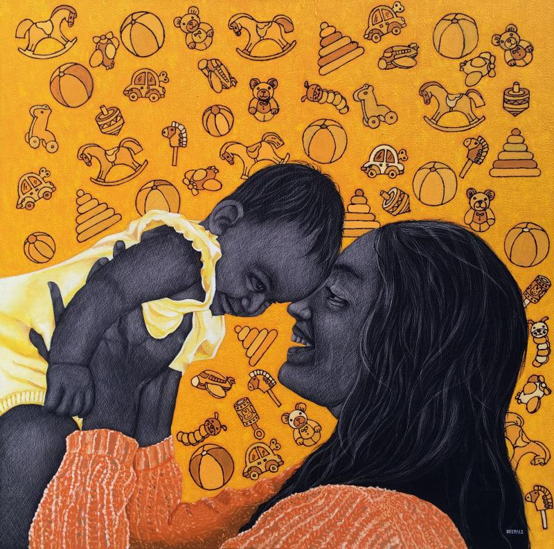 Figurative acrylic oil painting titled 'Motherhood', 36x36 inches, by artist Deepali S on Canvas