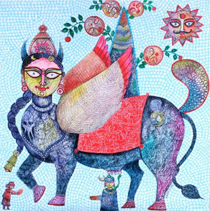 Religious mixed media painting titled 'Motherhood', 24x24 inches, by artist Joydeep Bhattachrjee on Canvas