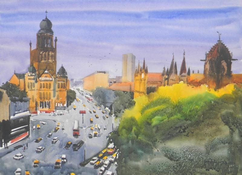 Cityscape watercolor painting titled 'Mumbai', 22x30 inches, by artist Bipul Roy on Fabriano Paper