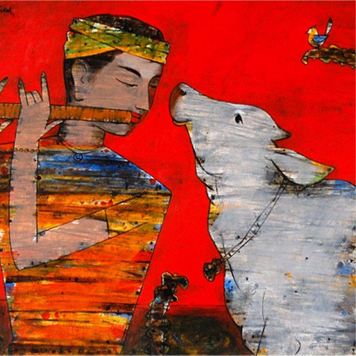 Murli And Cow Painting by Raju Terdals | ArtZolo.com