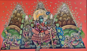 Religious acrylic painting titled 'Murli Manohar', 36x60 inches, by artist Jitendra Dangi on Canvas
