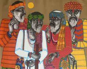 Figurative acrylic charcoal painting titled 'Musafir 1', 38x47 inches, by artist Dhan Prasad on Canvas