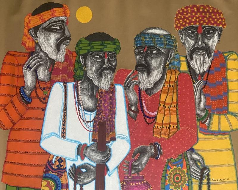 Figurative acrylic charcoal painting titled 'Musafir 1', 38x47 inches, by artist Dhan Prasad on Canvas