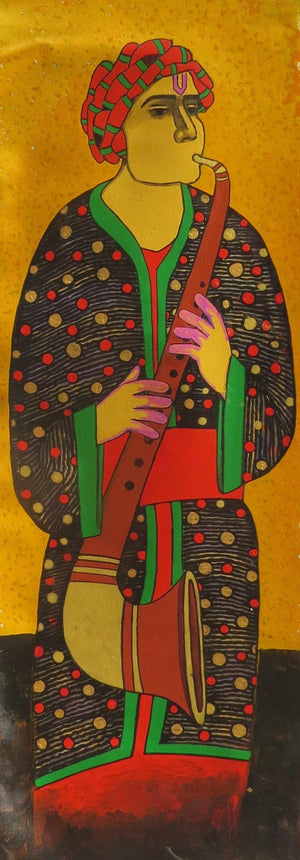 Music (Echoes of the Tribe) by Someshwar Patil, Original Acrylic Music Painting on Canvas, Small Vertical Wall Art