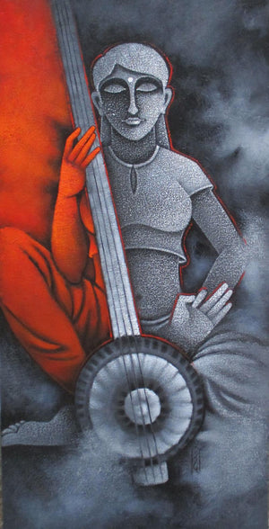 Music I (Echoes of Harmony) by Satyajeet Shinde, Original Acrylic Figurative Painting on Canvas, Large Vertical Wall Art