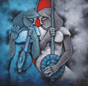 Music Ii (Melodic Intertwining) by Satyajeet Shinde, Original Acrylic Figurative Painting on Canvas, Medium Square Wall Art