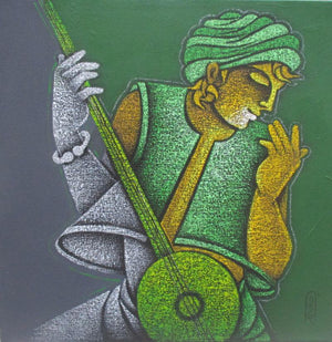 Music Vi (Emerald Rhapsody) by Satyajeet Shinde, Original Acrylic Figurative Painting on Canvas, Small Square Wall Art