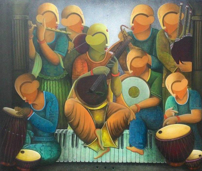 Abstract acrylic painting titled 'Musical band', 60x72 inches, by artist Anupam Pal on Canvas