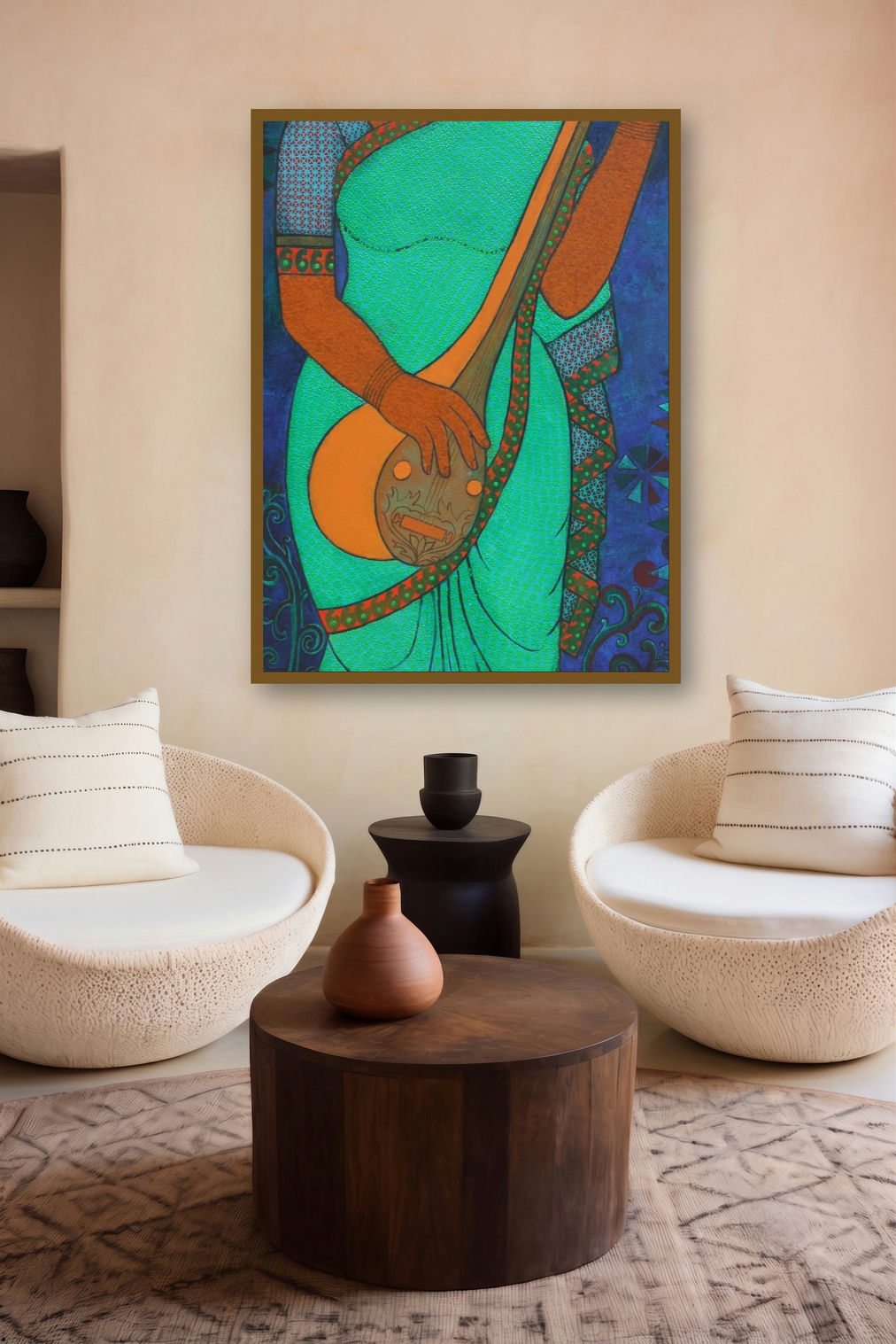 Musician (Melodic Contemplation: A Woman and Her Ektara) by artist Mamta Mondkar displayed in a Contemporary gallery