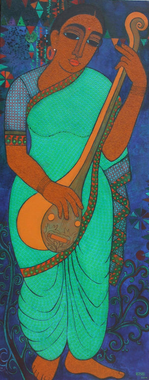 Musician (Melodic Contemplation: A Woman and Her Ektara) by Mamta Mondkar, Original Acrylic Figurative Painting on Canvas, Large Vertical Wall Art