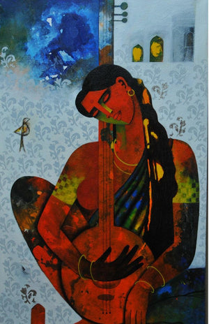 Musician (Strings of Harmony) by Appam Raghavendra, Original Acrylic Figurative Painting on Canvas, Medium Vertical Wall Art