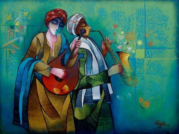 Musician Duo Painting by Ram Onkar | ArtZolo.com