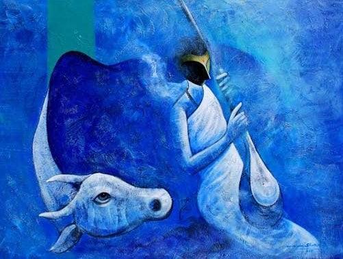 Musician And The Cow Painting by Narayan Shelke | ArtZolo.com