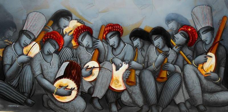 Figurative acrylic painting titled 'Musicians', 36x72 inches, by artist Samir Sarkar on Canvas