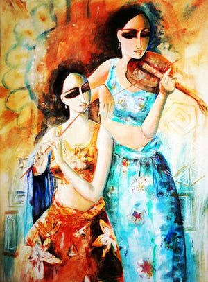 Musicians (Harmonious Ensemble) by Kamal Devnath, Original Acrylic Figurative Painting on Canvas, Large Vertical Wall Art