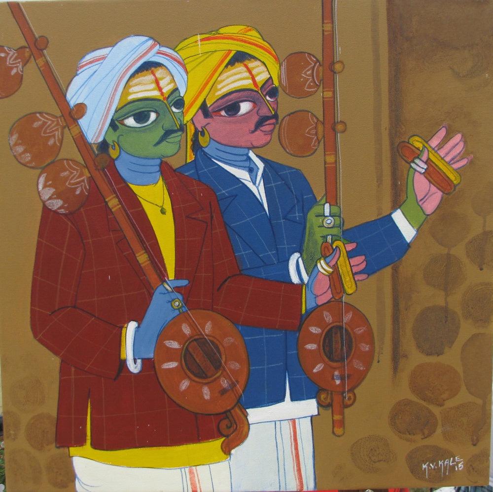 Figurative acrylic painting titled 'Musicians', 24x24 inches, by artist KV Kale on Canvas