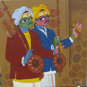 Figurative acrylic painting titled 'Musicians', 24x24 inches, by artist KV Kale on Canvas